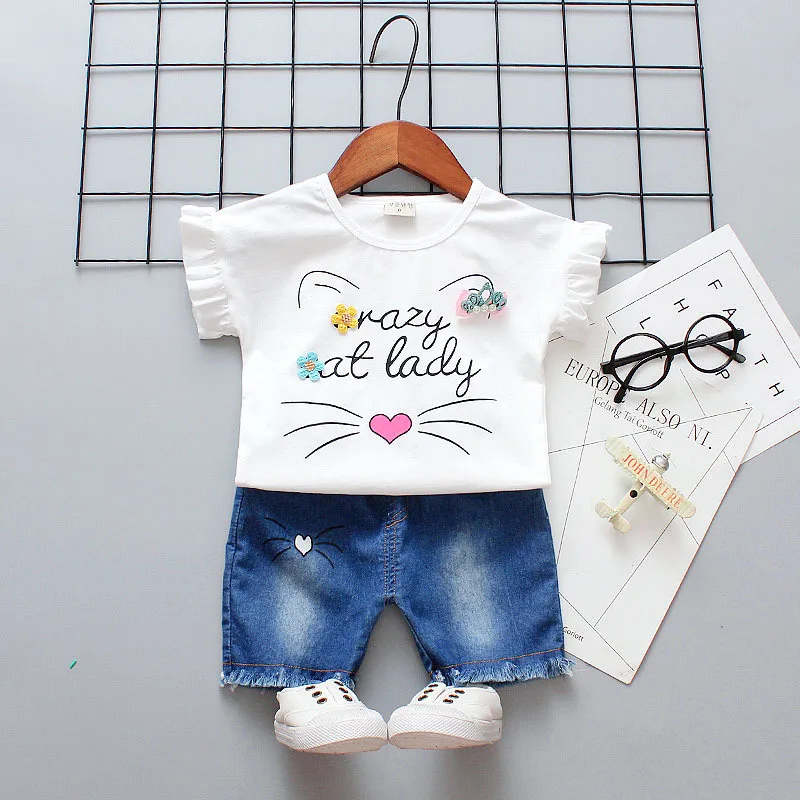 

BibiCola 2019 Baby Girls Clothes Summer Clothing Sets Kids Fashion T-shirt+denim Shorts 2pcs Sports Suit Casual Outfit For Girls