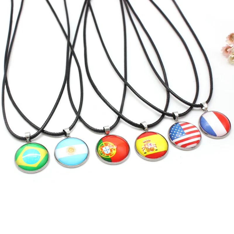 

World Flag Necklace Round Flag Sign Stainless Steel Necklace Rope Hand-knitted Leather Necklace Glass Pendant Female Men's Jewel