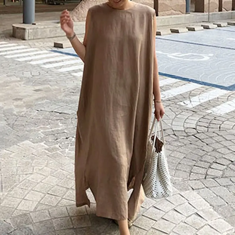 

Japan Style Elegant Casual Boho Plus Size Vintage Women Long Dresses Straight Plain Split Black Female Khaki Beach Maxi Dress