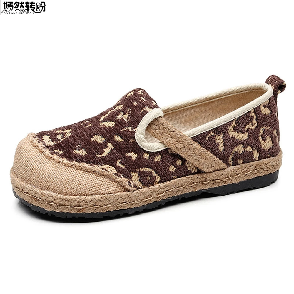 

Women's Spring Round Toe Shoes Linen Leopard Pattern Handmade Girl Student's Flats Casual Travel Slip On Loafer Shoes Zapatos