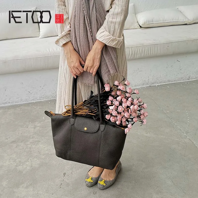 

AETOO New first layer cowhide portable dumplings bag wild casual soft leather shoulder bag large capacity leather handbag women