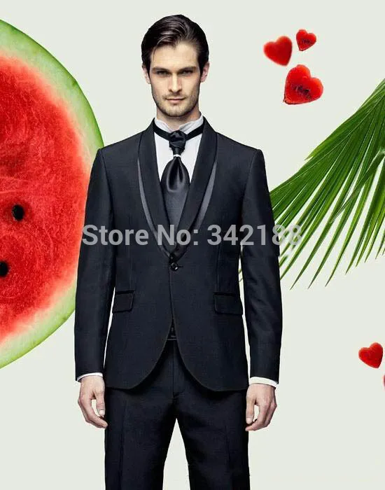 FREE shipping/Custom Made One Button Black Groom Tuxedos Shawl Lapel Best Man Groomsman Men Wedding Suitswedding men clothes