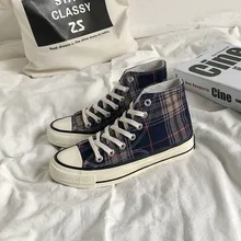 Vintage plaid high-top Women Canvas Shoes basket femme unisex vulcanized shoes Women Sneakers flats zapatos de mujer e lov vintage design postage stamp and emblem printed canvas shoes high end customzied women casual flats zapatos mujer