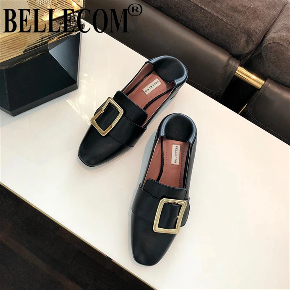 

BELLECOM Simple and comfortable leather round head women's single shoes commuter square buckle heel set foot loafers trend