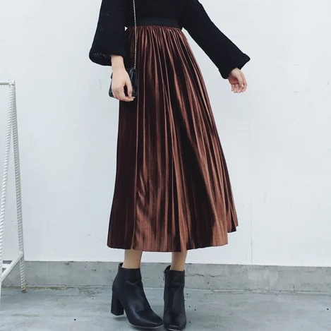 

TingYiLi Autumn Winter Velvet Skirt High Waist Vintage Pleated Long Skirt Brown Pink Purple Green Women Skirt