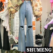 Летние новые корейские женские брюки с высокой талией до колена с дырками, обтягивающие расклешенные брюки, джинсовые брюки женские светло-голубые джинсовые брюки