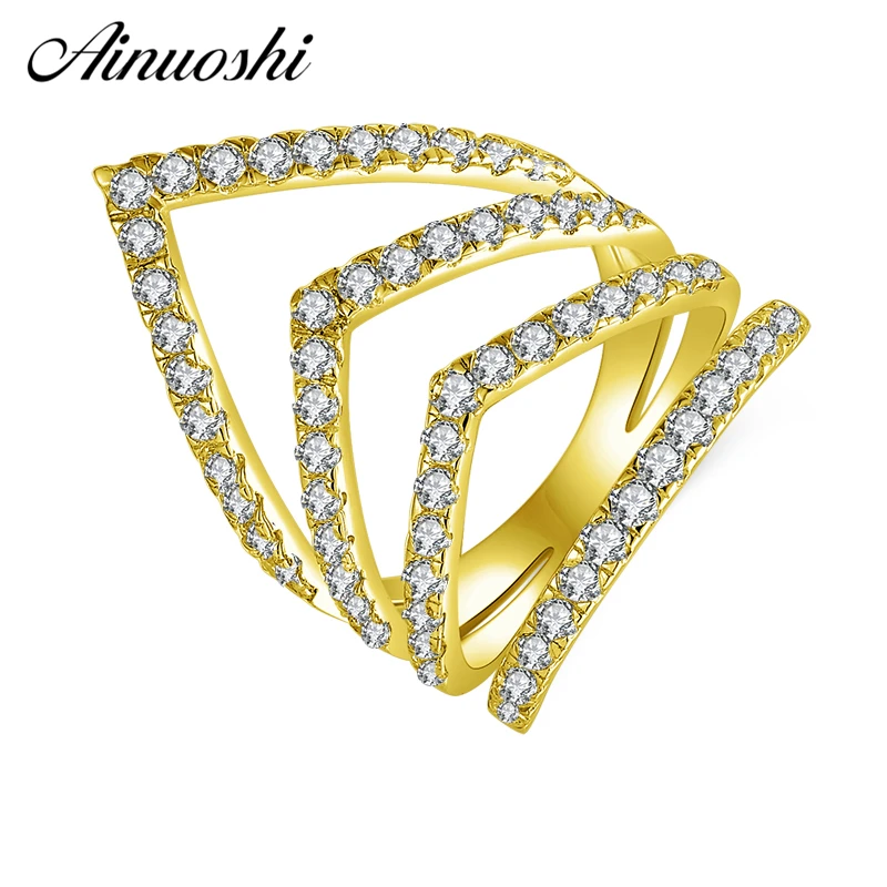 

AINUOSHI 10K Solid Yellow Gold V-Shaped Cluster Band Row Finger Ring V Chevron Ring Wedding Engagement Jewelry for Women Men