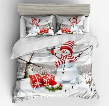

3d Cartoon fashion Christmas Bedding set White Red Quilt Cover Snowman windmill gift Print Bed The bird Christmas pillow case