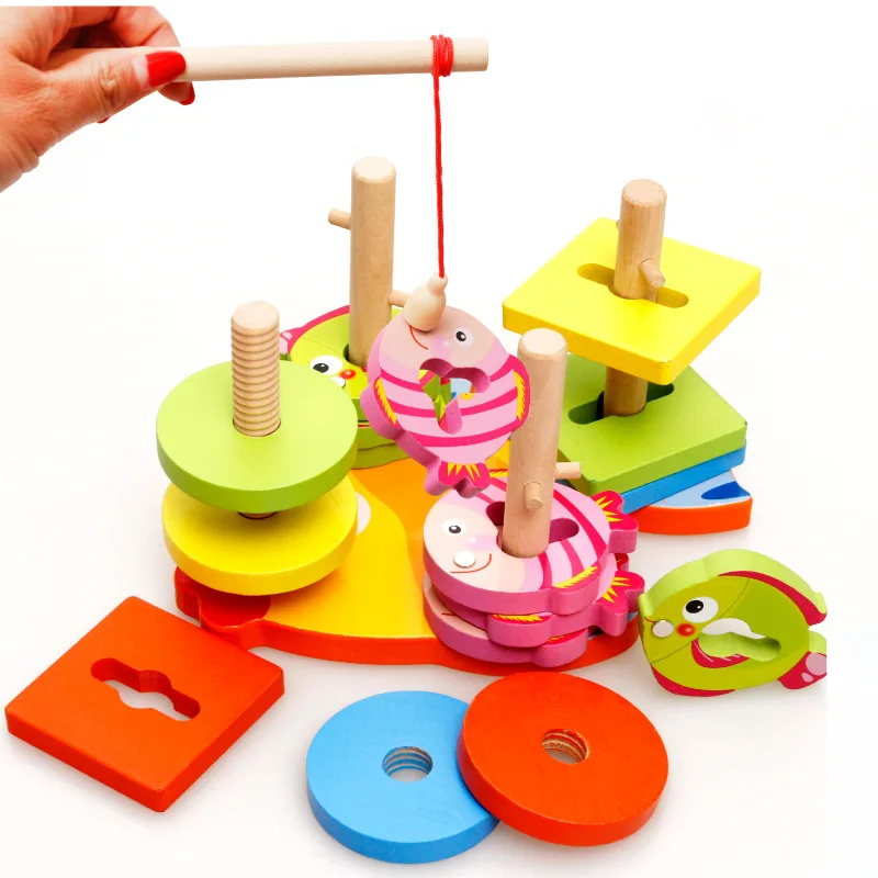 Free shippin Baby wooden Fishes four sets columns font b toy b font Magnetic fishing game