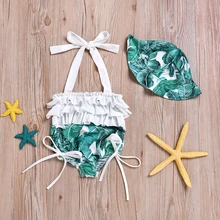 Для детей принт пляж Дети Купальники Зеленый детская пляжная одежда девочек ванный комплект шляпа купальник бикини с оборками из одного предмета
