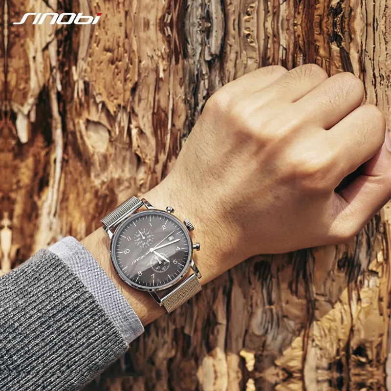 

New SINOBI Business Watch Men quartz wristwatches Mesh Strap Luminous Pointer Watches Relogio Masculino Chronograph Watch saat
