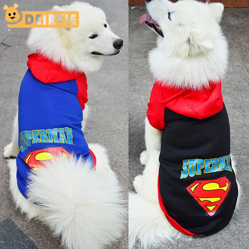 Large Dog Clothes Autumn and Winter Gold Husky Sweater Coat With Cap Superman Pattern Clothing