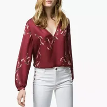 Nice Nice Spring Autumn Women Blouses Feather Printed Shirt Women Shirt European Style Long Sleeve V-Neck Tops Blouses MA8181