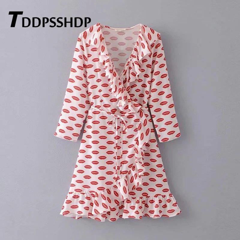 

Ins Popular Lip Printing Ruffles Women Dress Wrap Style Waist Strap Spring Long Sleeve Kawaii Female Dresses