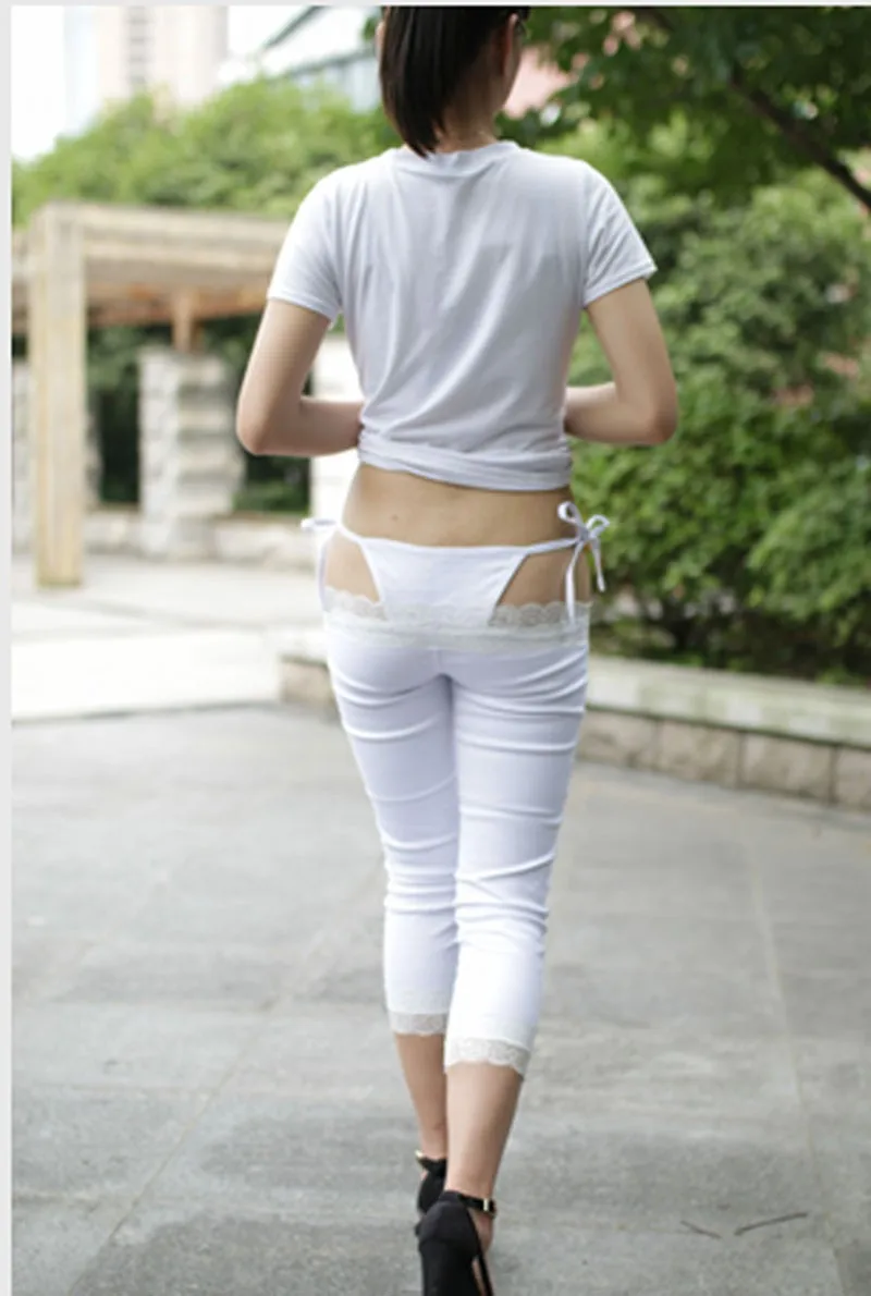 Tanga Sexy de encaje de cintura baja pantalones de tubo con lazo Capris falsos de dos piezas ropa erotica para discoteca lenceria erotica FX1069 AliExpress