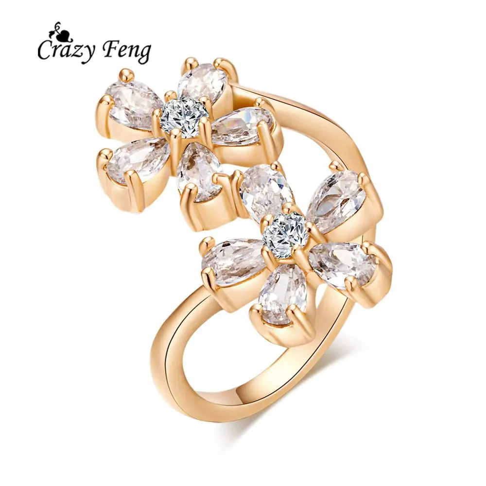 Exquisite Gold Color Double Flower Shape Ring Wedding Jewelry for Women