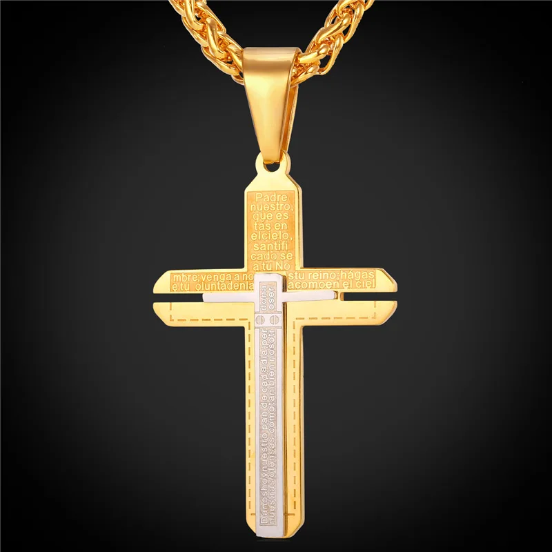 

Stainless Steel Cross Necklace For Women Gold Color Necklaces & Pendants Two-Layer Two Tone Religious Necklace with chain P248