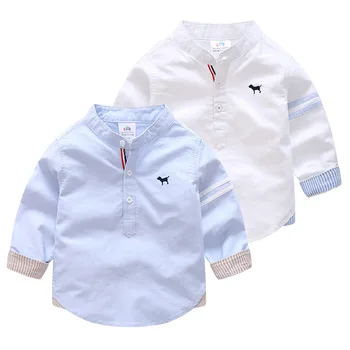 

2018 Spring Autumn 2 3 4 6 8 10 Years Solid Color Cotton Mandarin Collar Long Sleeve Dog Baby Kids Children Birthday Shirts Boys