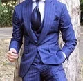 Темно-синие Нарядные Костюмы для свадьбы Для мужчин костюмы Slim Fit Формальные классические брюки Made смокинг комплект из 3 предметов Блейзер masculino куртка+ брюки+ жилет X