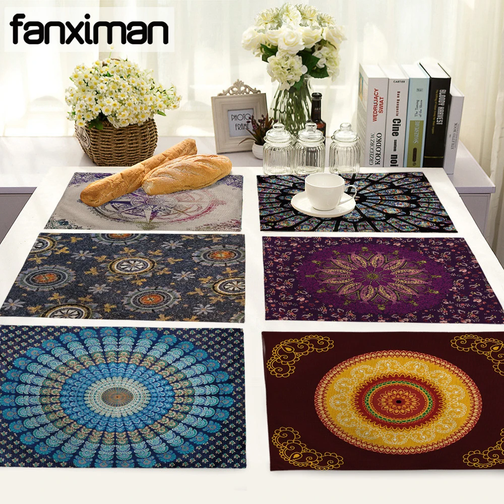 Mandalas نمط الكتان الجدول المفارش الطعام المناديل القطن الكتان الإكسسوارات المنزلية مطبخ الوسادة القهوة الشاي مكان الحصير