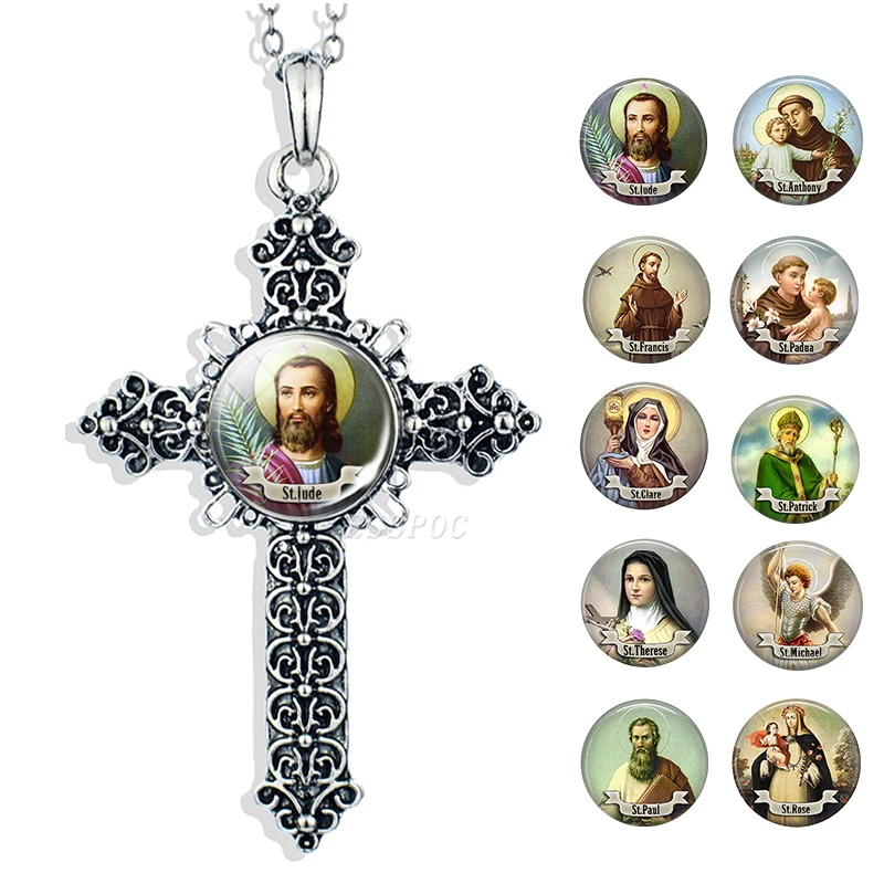 

ST JUDE Saint Cross Necklace Virgin Mary Glass Cabochon Pendant Stainless Steel Chain Necklace Christian Catholic Jewelry