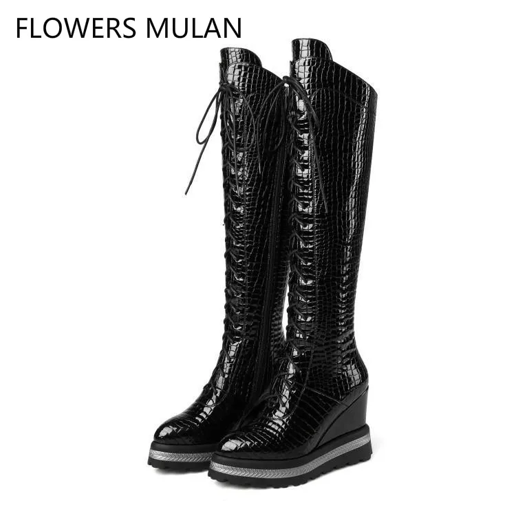 

2018 Luxury Black Embossing Crocodile Pattern Women Long Boots Knee High Wedges Heel Front Cross Tied Side Zip Botas Shoes Woman