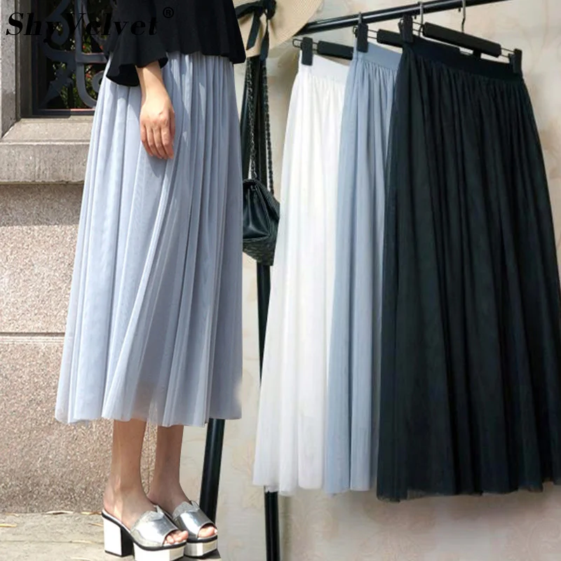 

Long Tulle Skirt 3 Layers Maxi Tutu Skirt Faldas Saias Femininas Jupe Elastic High Waist Mesh Pleated Skirts Female Black White