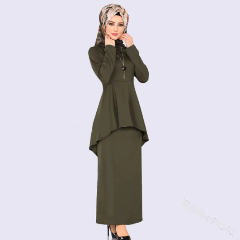 WEPBEL арабский, из Дубая мусульманское модное платье однотонное приталенное платье из двух частей с оборками и длинными рукавами, платья больших размеров S-5XL - Цвет: Navy Green