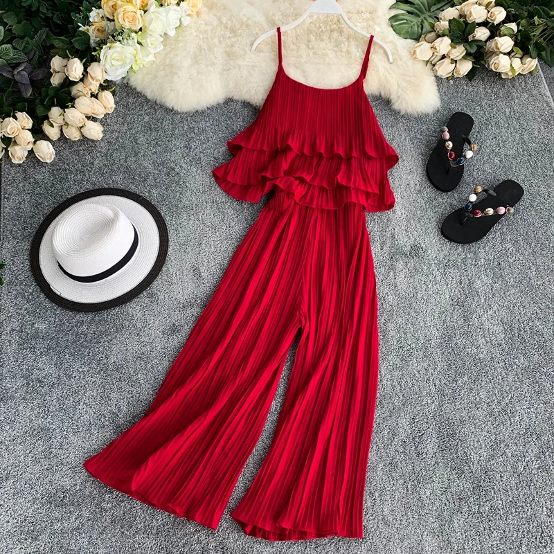 

Summer Women Sets Sexy Ladies Ruffles Sling Tops Tees+ Wide Leg Pants Korean Female Chiffon Chic 2 Piece Sets Ropa De Mujer