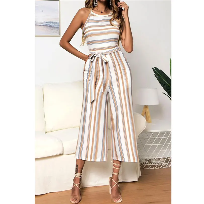 New Fashion Women Summer Sexy Sleeveless Multicolour Striped Jumpsuit Clubwear Wide Leg Pants Outfit Long Pants Jumpsuit #4A18 (11)