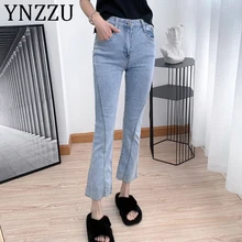 YNZZU, корейский стиль, высокая талия, джинсы для женщин, новинка, Осенние, с карманами, длинные, расклешенные, брюки для женщин, джинсовые брюки, высокая уличная мода, AB205