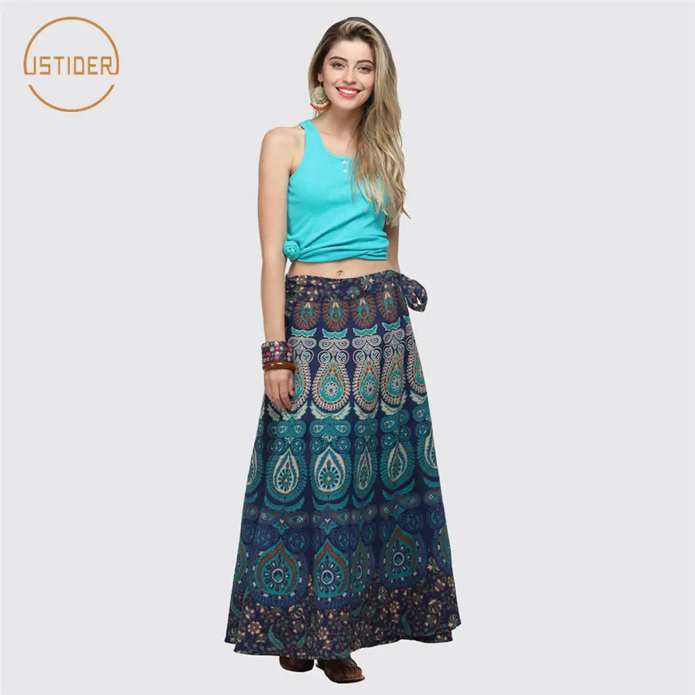 ISTider классический этнический Стиль синий павлин 3D печатных длинные юбки Для женщин Faldas Mujer Moda Boho юбки полиэстер Юбка Макси