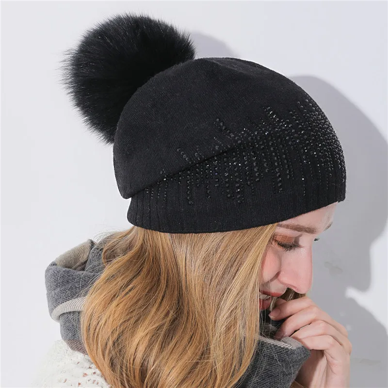 Xthree теплая женская зимняя шапка с помпонами из лисы вязаная кашемира Gorro
