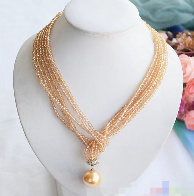 

3142 3row 40" faceted citrine shell pearl pendant necklace