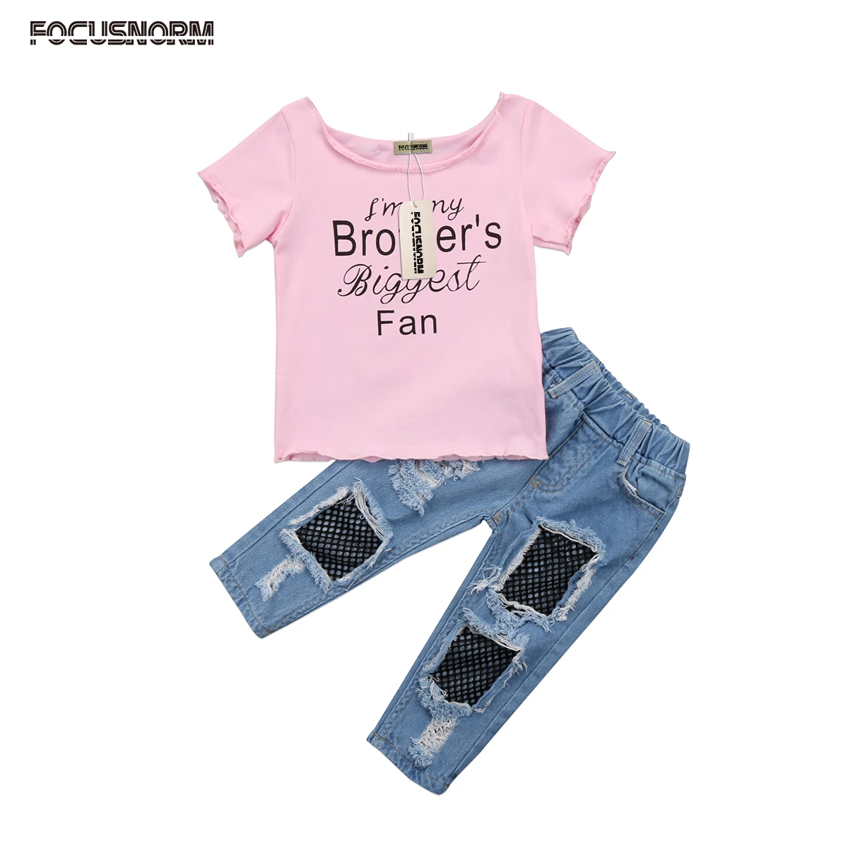 

Toddler Kids Baby Girls Letter Short Sleeves Off Shoulder T-shirt Tops+Mesh Jeans 2pcs Outfits Set Clothes