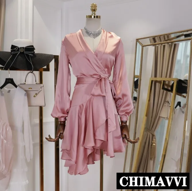 

2019 Spring New Women's Solid Color Feminine Ribbon Slim V-collar Irregular Chiffon Dress Lady Sexy Satin Short Dress