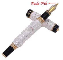 Jinhao Vintage Silver Fountain Pen Double Dragon Calligraphy Fude Nib Full Metal Carving Embossing Heavy Gift Pen Collection jinhao dragon and phoenix antique silver and red screw fountain pen with gift box j1063