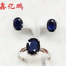 18 k золото инкрустированные натуральный сапфир шпильки серьги костюм кольцо мода простой темно синий подарок на день рождения
