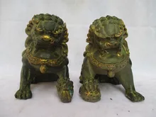 High:16CM !!!Collectible 1 Pair Of Chinese Old Bronze Carved Gold gilt Fu Foo Dog Sculpture /Antique Metal statue