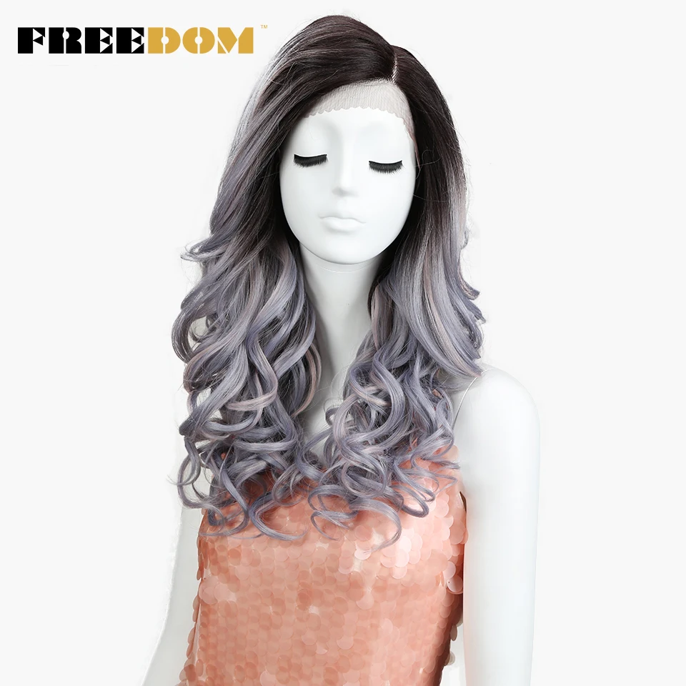 

FREEDOM Synthetic Wigs For Women Heat Resistant Loose Deep Wave Dark Roots Ombre Purple Grey Lace Front Wig Cosplay Hair 22 Inch