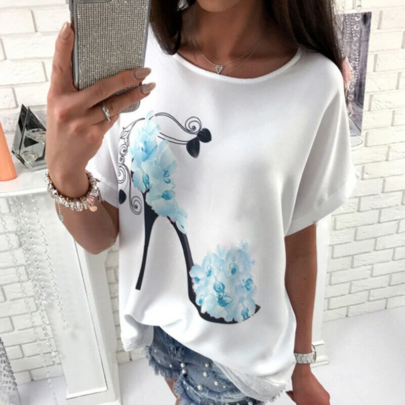 S-3XL 2019 Women Plus Size T-Shirt Summer Casual Loose Floral High-heeled Shoes Print Tee Tops Bat Short Sleeve Tops Lady Shirts