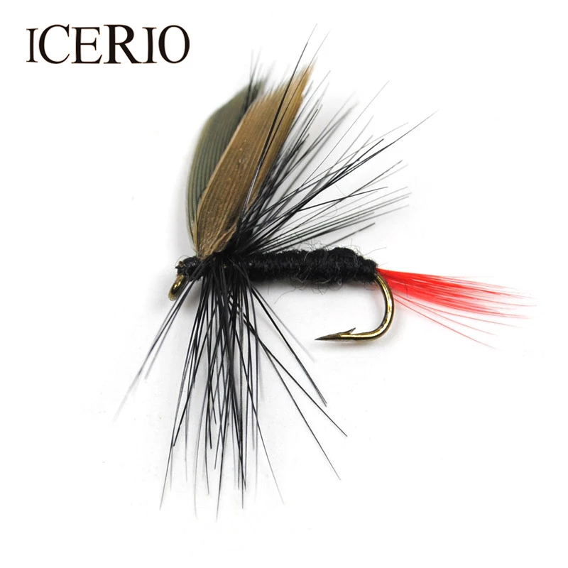 

ICERIO 12PCS Red Tail Black Dry Fly Larvae Fly Fishing Trout Lures #10