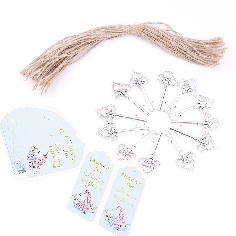 

50 Opener+50 Tags Silver Wine Bottle Opener With Tags Key Shape Party Wedding Favors Unicorn Events Supplies Beer Bottle Tool