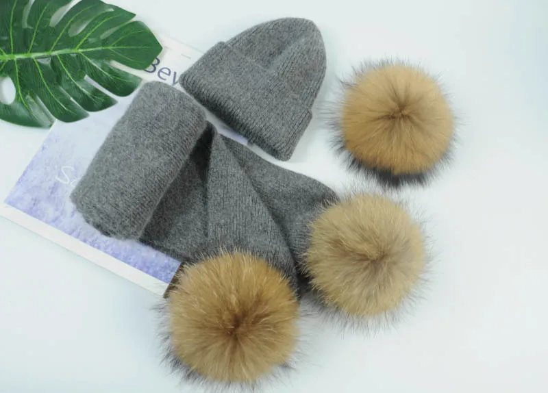Set dark grey N Детский вязаный шарф и шапка, Модный комплект из 2 предметов для маленьких девочек и мальчиков, однотонный зимний теплый меховой комплект с помпонами, вязаная шапка+ шарф - Цвет: Set dark grey N