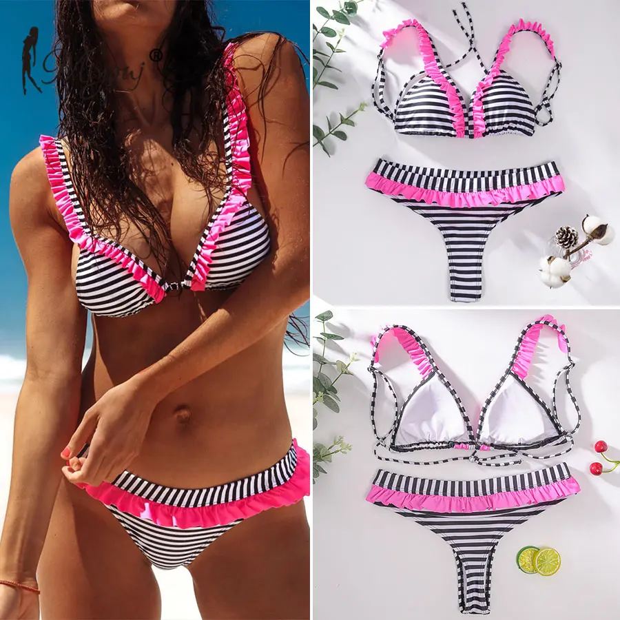 

Miyouj 2019 Sexy Bikini Leopard Ruffle Swimsuit Bandage Stripe Swimwear Mujer Lace Up String Brazilian Biquini Thong Bikini Set