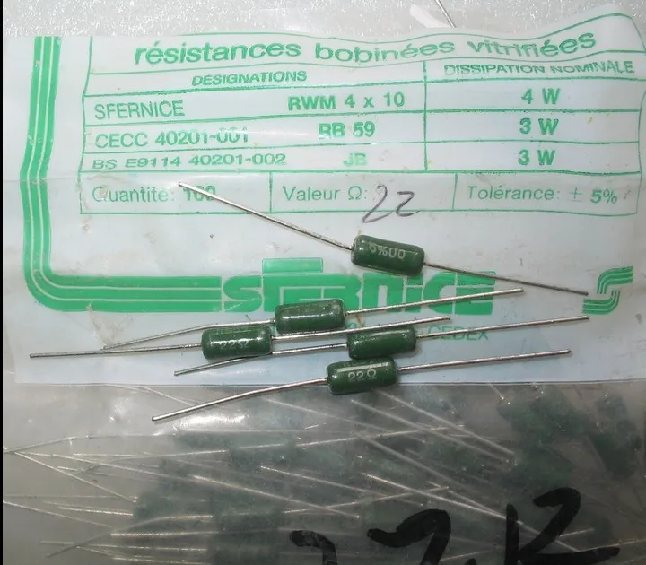 Lot of 10 22R 3W 5% Resistor Enamelled RWM 4x10 RB-59 SFERNICE Lot of 10 22R 3W 5% Resistor Enamelled RWM 4x10 RB-59 SFERNICE
