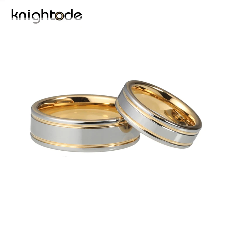 Вольфрамовые пары кольцо жир и серебро на поверхности с двойной золотой рифленой полированной блестящей мужчин и женщин обручальное кольцо