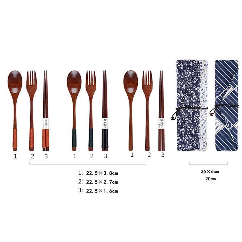 

Japanese Vintage Portable Wire Wrapped Wooden Chopsticks Spoon Fork Tableware 3pcs Set New Gift Blue Bag