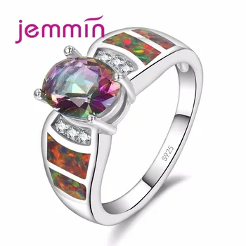 

Fine Juxury Rainbow Fire Opal Ring For Women Engagement S925 Sterling Sliver 6 Micro Clear White Crystal Bijoux With Bi