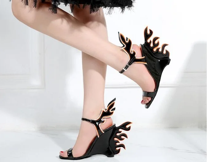 

Summer Pink Black White Orange Red Woman Open Toe Ankle Buckle Strap Flame Wedge Patent Leather Sandals High Heel Sandals Lady